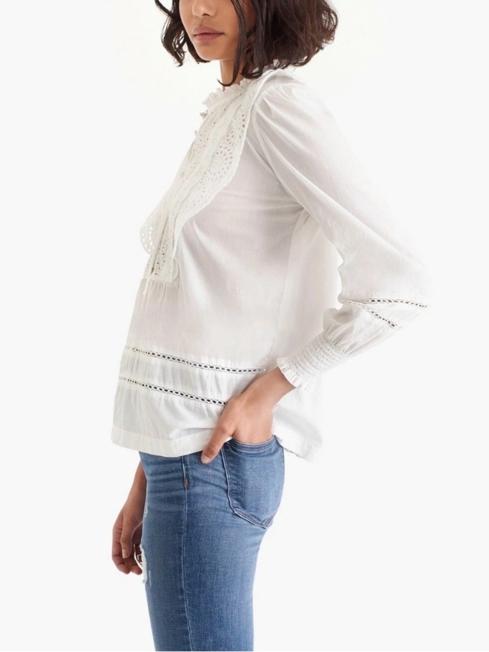 J. Crew White Ruffle Collar Eyelet Lightweight Cotton Long Sleeve Blouse Top 10 - Picture 4 of 14